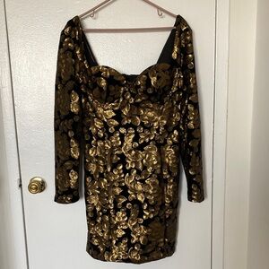 Elegant Black Velvet and Gold Sequined Floral Dress Size L